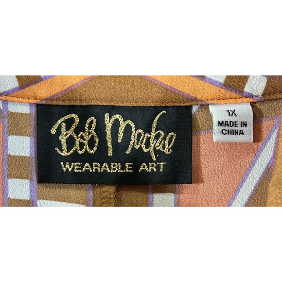 Bob Mackie Top Womens 1X Brown Orange Wearable Art Button-Up Padded Blouse - Picture 6 of 10